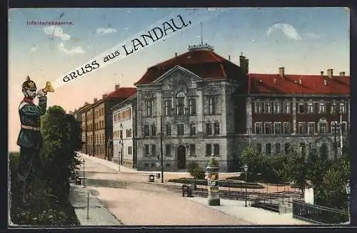 AK Landau / Pfalz, Infanterie-Kaserne, Litfasssäule, Soldat mit Pickelhaube und Trompete