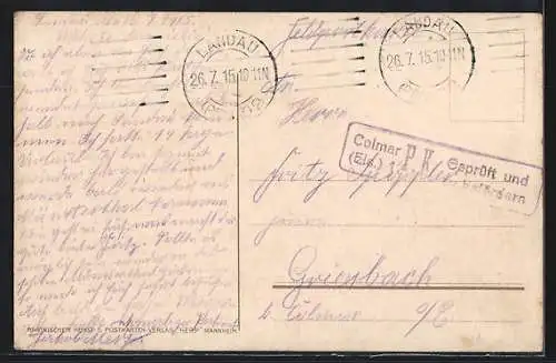 AK Landau / Pfalz, Infanterie-Kaserne, Litfasssäule, Soldat mit Pickelhaube und Trompete