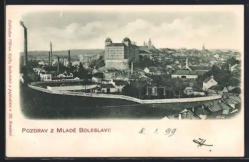 AK Mlada Boleslav, Ortsansicht mit Schornsteinen und grossem Gebäude