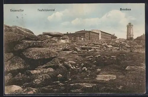 AK Brocken, Brocken-Hotel mit Hexenaltar und Teufelskanzel