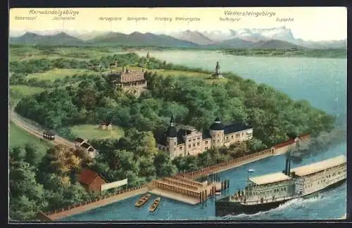 AK Leoni, Ansicht mit Drahtseilbahn auf Rottmannshöhe und Bismarckturm, gr. Dampfer