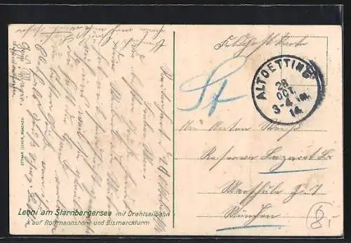 AK Leoni, Ansicht mit Drahtseilbahn auf Rottmannshöhe und Bismarckturm, gr. Dampfer