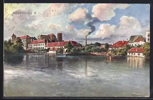 Künstler-AK Neuhaus / Jindrichuv Hradec, Teilansicht