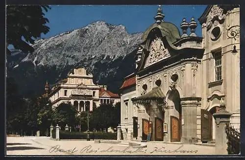 AK Bad Reichenhall, Ortspartie mit Blick auf Kurhaus mit Café Flora