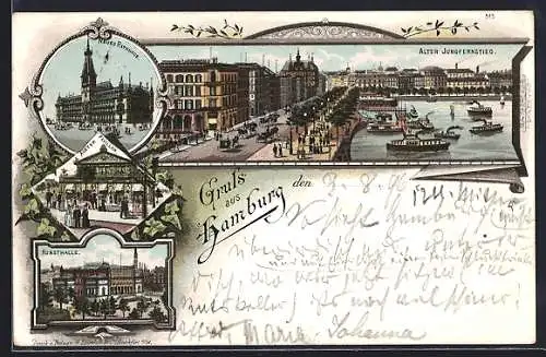 Lithographie Hamburg-Neustadt, Restaurant Alsterpavillon, Kunsthalle, Alter Jungfernstieg mit Dampfer