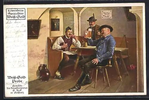 AK Brauerei-Werbung Löwenbräu Spezialbier Weiss-Gold, Biertrinkende Männer