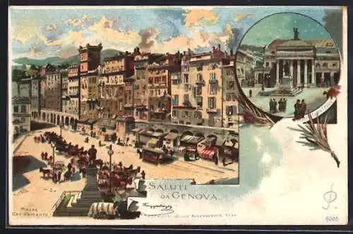 Lithographie Genova, Piazza Caricamento, Teatro Carto Felice