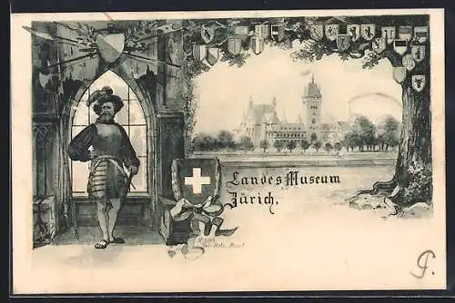 Künstler-AK Zürich, Blick auf das Landesmuseum, Ritter im Schloss vor einem Fenster stehend