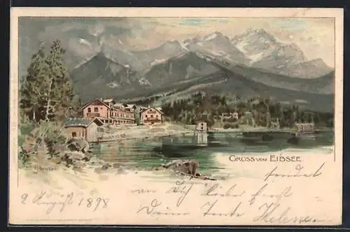 Künstler-Lithographie Heinrich Deuchert: Eibsee, Blick auf Ortschaft