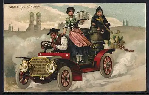 AK Auto zum Oktoberfest mit Münchner Kindl