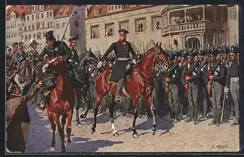 Künstler-AK O. Merte: Blüchers Einzug auf dem Marktplatz in Leipzig