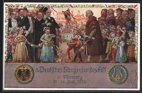 AK Nürnberg, VIII. Deutsches Sängerbundfest 1912, geschmückte Kinder, Harfe, Wappen