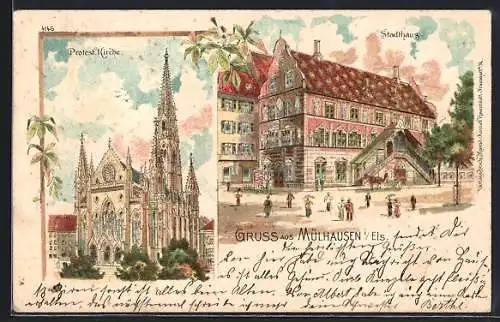 Lithographie Mülhausen, Stadthaus, Protestantische Kirche
