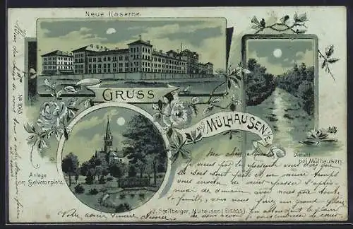 Mondschein-Lithographie Mülhausen i. E., Neue Kaserne, Anlage am Salvatorplatz, Illpartie