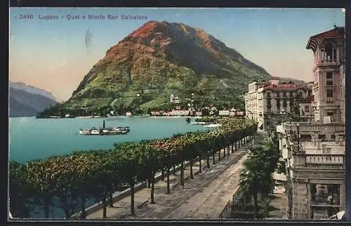 AK Lugano, Quai e Monte San Salvatore, Blick auf den Ort und See mit Dampfer