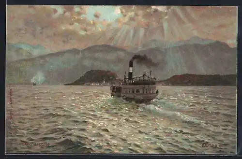 Lithographie Bellagio /Lago di Como, Dampfer und Ortspanorama vom Wasser aus
