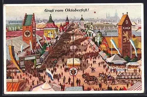 Künstler-AK München, Oktoberfest, Festgelände mit Bierwagen