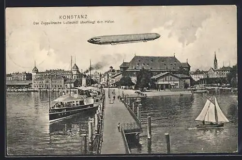 AK Konstanz, Zeppelinsches Luftschiff überfliegt den Hafen