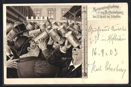 Lithographie München, Momentaufnahme im Hofbräuhaus bei 35 Grad im Schatten, schwitzende Männer trinken Bier