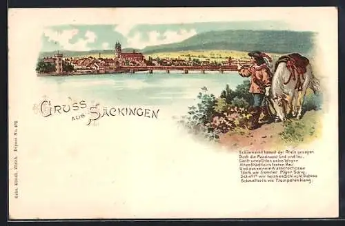Lithographie Bad Säckingen, Behüt Dich Gott! Trompeter