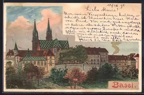 Künstler-AK Basel, Teilansicht mit Kirche