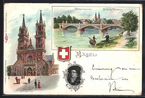 Lithographie Basel, Wettsteinbrücke und Münster