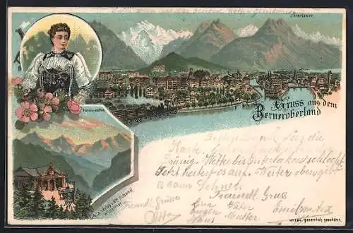 Lithographie Interlaken, Heimwehfluh, Frau in Tracht