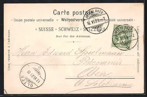 Lithographie Interlaken, Heimwehfluh, Frau in Tracht