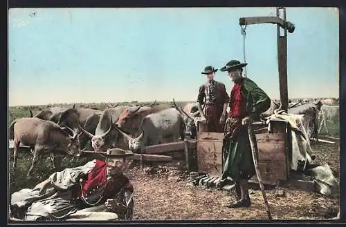 AK ungarische Bauern in Tracht an einem Brunnen