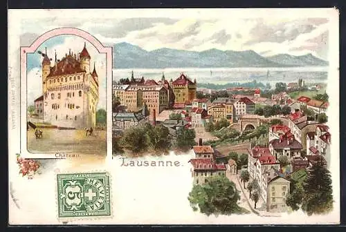 Lithographie Lausanne, Totalansicht, Château