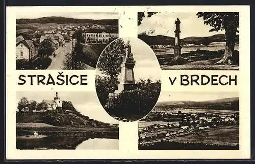 AK Strasice v Brdech, Denkmal, Strassenpartie aus der Vogelschau, Kirche