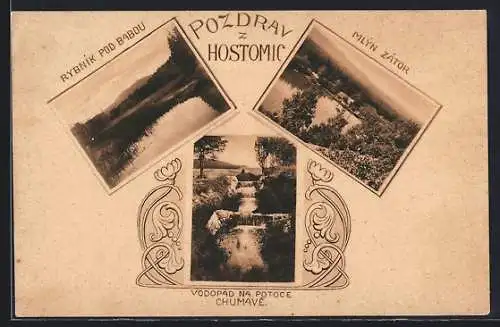 AK Hostomice, Rybnik pod Babou, Mlyn zator, Vodopad na Potoce Chumave