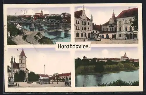 AK Horazdovice, Brücke, Denkmal, Uferpartie
