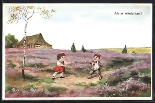 Künstler-AK Ad. Hoffmann: Als er wiederkam!, Kleiner Soldat mit verwundetem Arm begrüsst kleine Braut