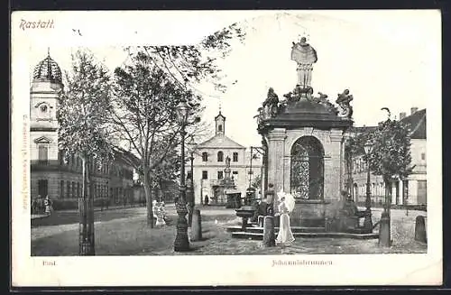 AK Rastatt, Partie mit Post und Johannisbrunnen
