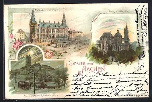 Lithographie Aachen, Dom Nordseite, Rathaus mit Marktplatz, Kaiserplatz mit Adalbertskirche