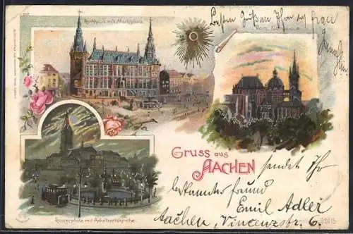 Lithographie Aachen, Dom Nordseite, Rathaus mit Marktplatz, Kaiserplatz mit Adalbertskirche