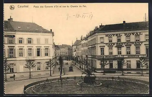 AK Kortrijk, Guldensporenplaats en Yzerenwegstraat, Ortspartie mit Hotel Royal