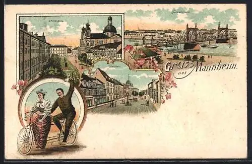 Lithographie Mannheim, Schillerplatz, Neckarbrücke