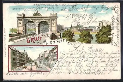 Lithographie Mannheim, Rheinbrücke, Planken