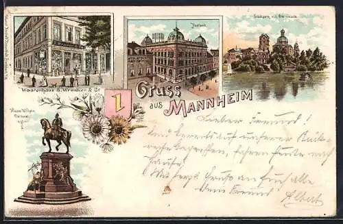 Lithographie Mannheim, Postamt, Stadtpark mit Sternwarte, Kaiser Wilhelm Denkmal