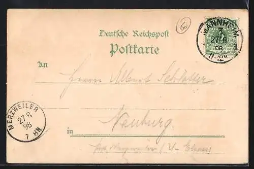 Lithographie Mannheim, Postamt, Stadtpark mit Sternwarte, Kaiser Wilhelm Denkmal