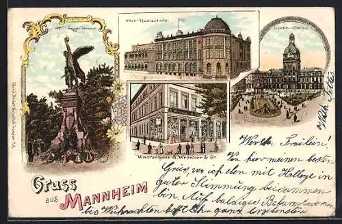 Lithographie Mannheim, Warenhaus S. Wronker & Co., Neckarbrücke, Paradeplatz m. Kaufhaus, Krieger Denkmal