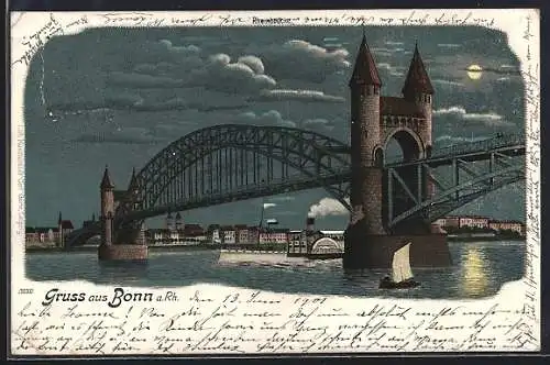 Lithographie Bonn, Rheinbrücke mit Stadtpanorama