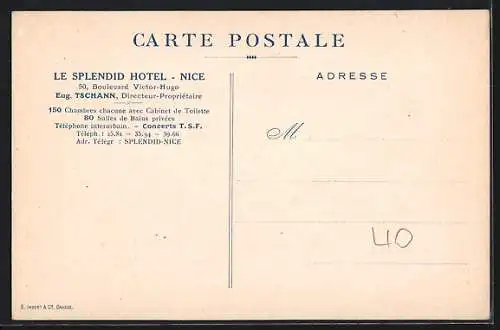 Künstler-AK Nice, Le Splendid Hotel, Eug. Tschann, 50 Boulevard Victor-Hugo