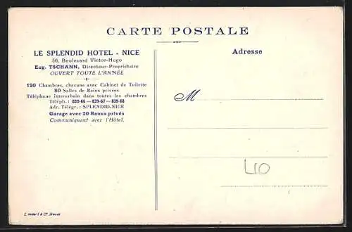 Künstler-AK Nice, Le Splendid Hotel, Eug. Tschann, 50 Boulevard Victor-Hugo