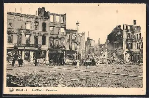 AK Oostende, Wapenplaats mit zerstörten Häuser