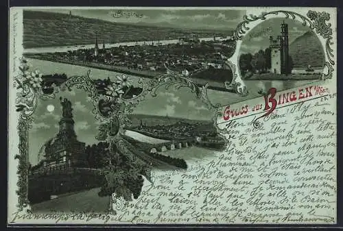Mondschein-Lithographie Bingen a. Rhein, Mäusethurm, Nationaldenkmal a. d. Niederwald und Drususbrücke