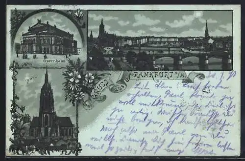 Mondschein-Lithographie Frankfurt a. M., Opernhaus, Dom und Panorama