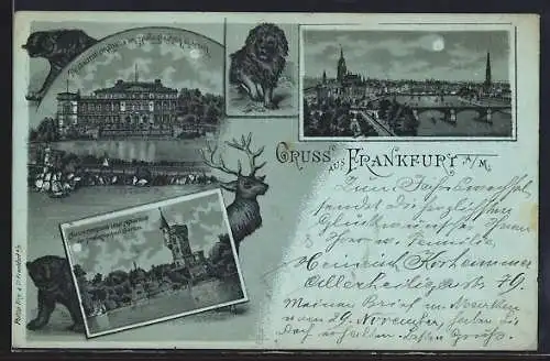 Mondschein-Lithographie Frankfurt-Ostend, Restaurant im zoologischen Garten, Aussichtsturm und Aquarium